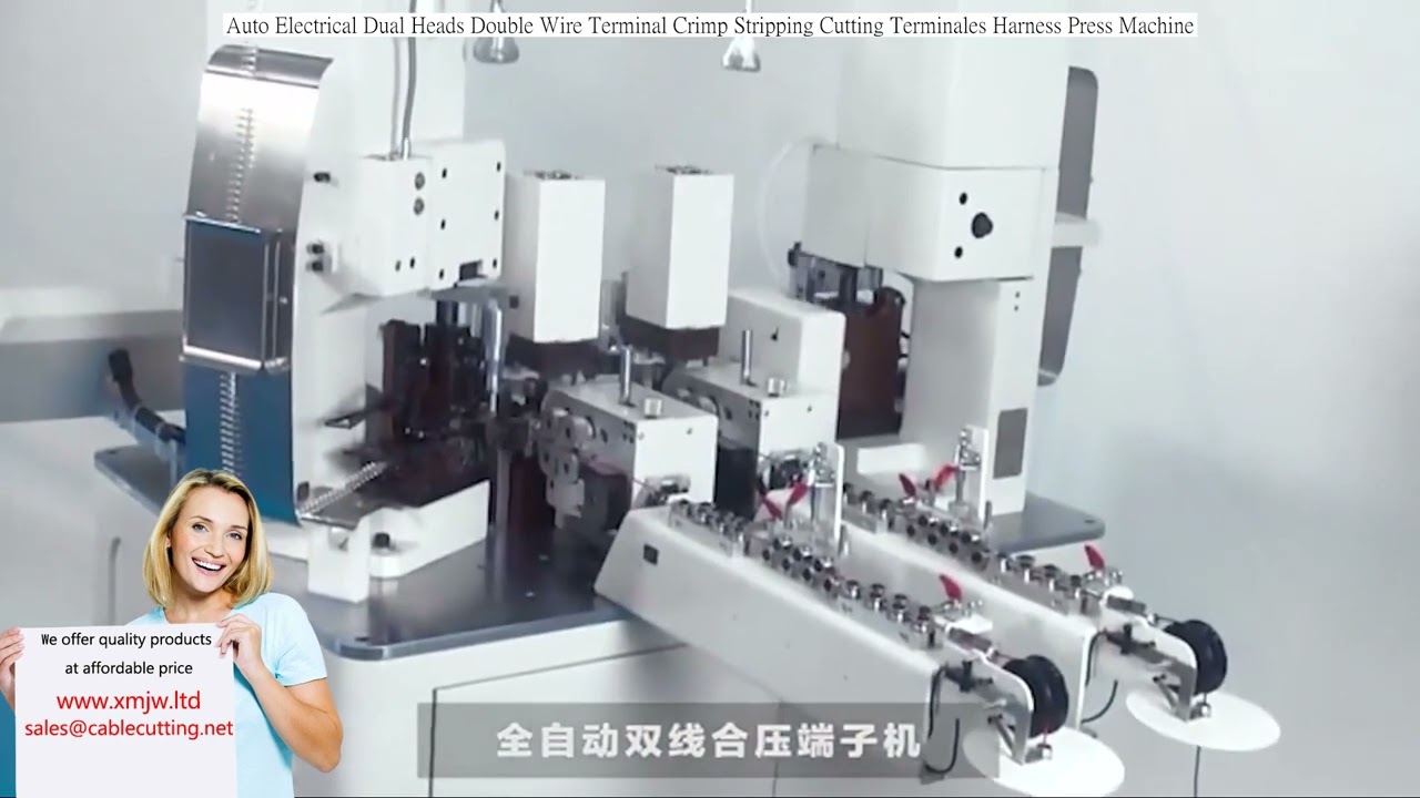 Macchina automatica per crimpatura, spellatura e taglio di terminali elettrici a doppia testa per due fili