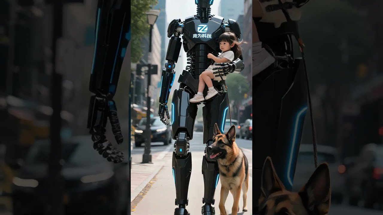 Robot umanoide con bambina in braccio: passeggiata futuristica in città